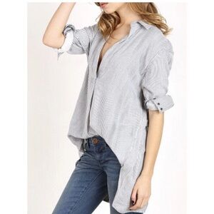 Free People On the Road Blue and White Striped V Neck L/S Pullover Top GUC